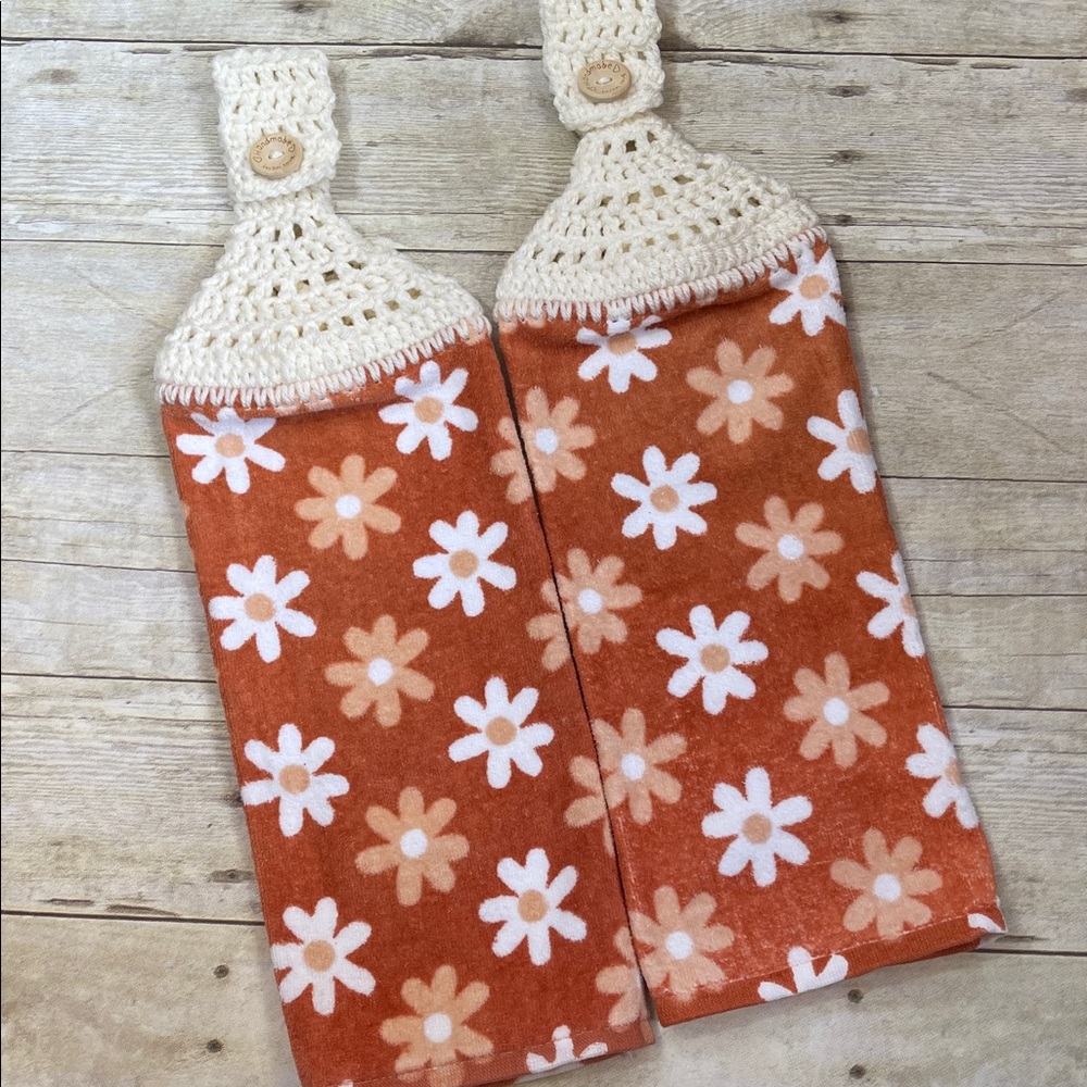 Two Crochet Top Hanging Hand Towels Daisies Burnt Orange&Peach Single Thick - Picture 3 of 5